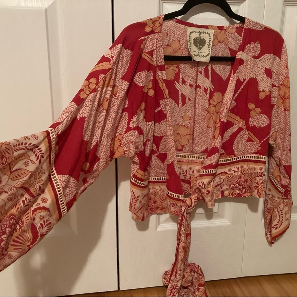Z and L wrap top blouse, birds and floral print size small